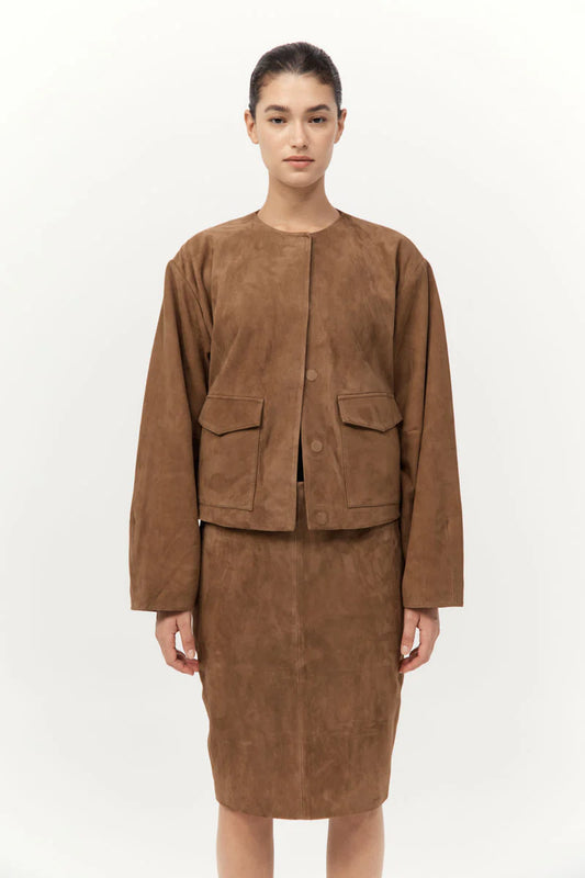 Suede Utility Cocoon Bomber - Toffee